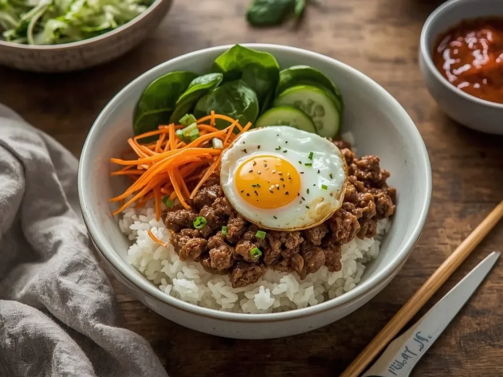 Korean-style beef and egg breakfast bowl with rice, vegetables and sesame seeds