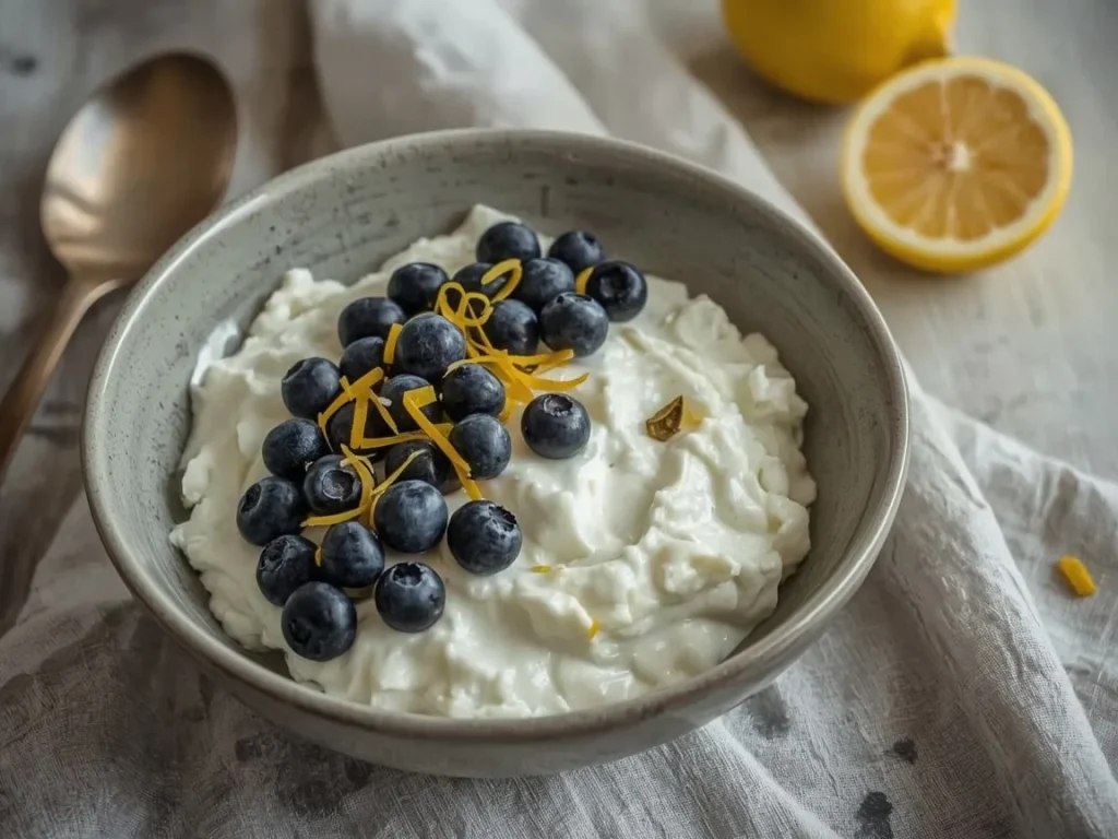 Lemon blueberry cottage cheese bowl with hemp hearts