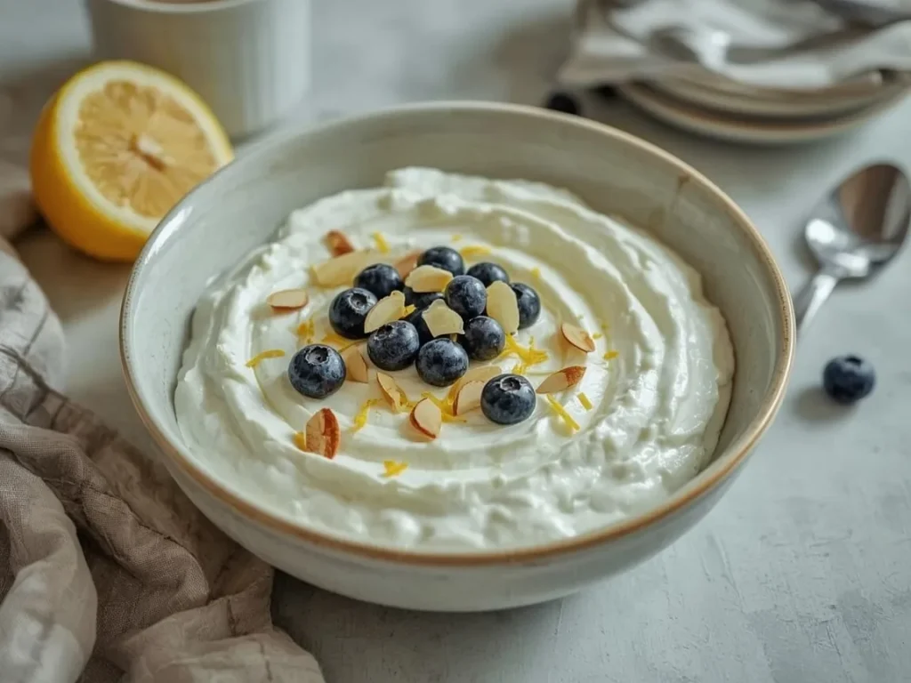 Lemon blueberry cottage cheese bowl with sliced almonds and lemon zest