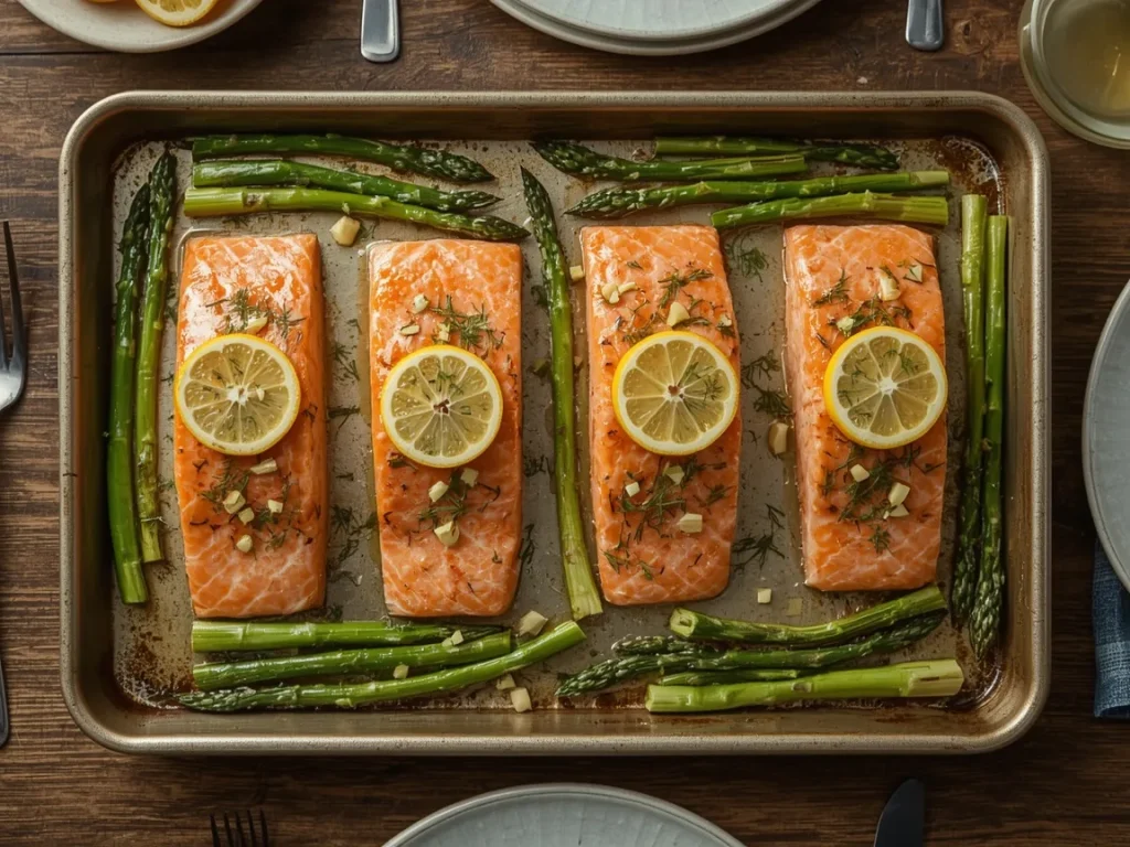 Lemon garlic salmon with asparagus on a sheet pan