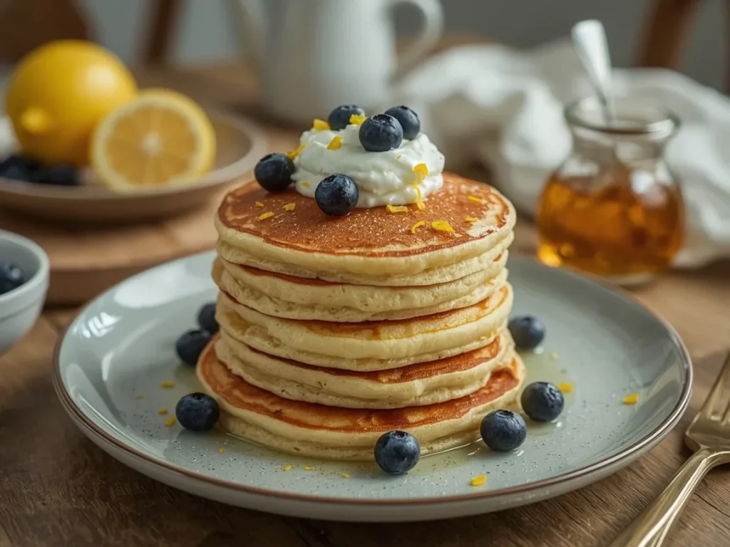Lemon ricotta protein pancakes with Greek yogurt and blueberries
