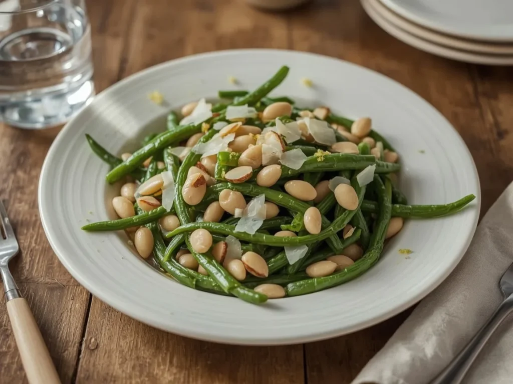 Lemony green beans with white beans, Parmesan and toasted almonds on a platter