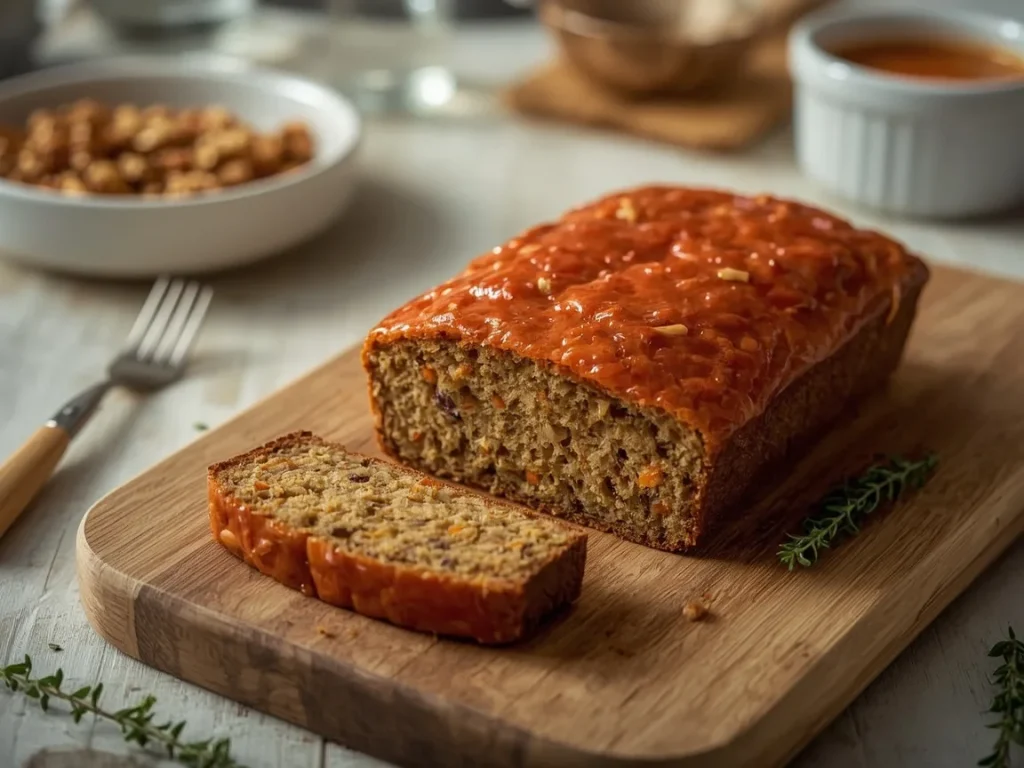 Lentil walnut loaf with tomato glaze, partly sliced on a wooden board