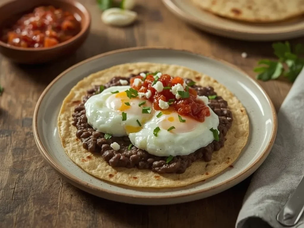 Light huevos rancheros with black beans, eggs, salsa and cotija