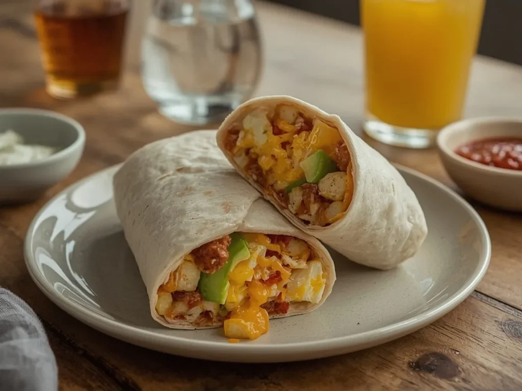 Loaded chicken sausage breakfast burrito cut in half with salsa