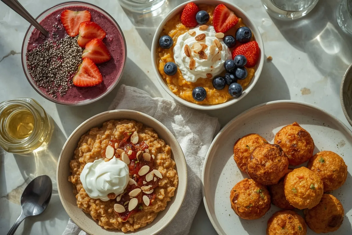 Low-calorie high-protein breakfasts including a berry smoothie bowl, cottage cheese bowl, pumpkin oatmeal and tofu bites