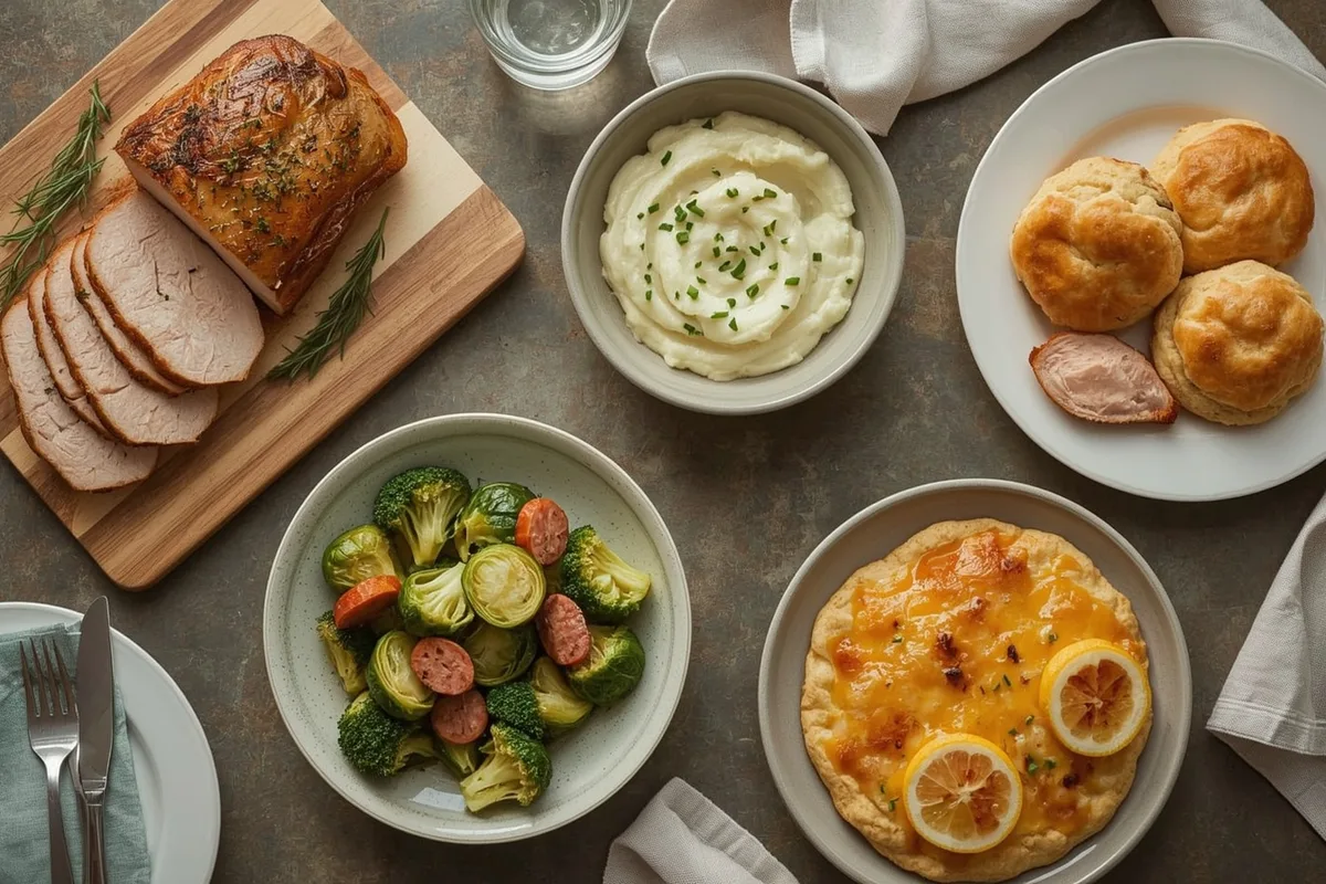 Low-carb Thanksgiving spread with roast turkey breast, cauliflower mash, Brussels sprouts, broccoli gratin, biscuits and salmon