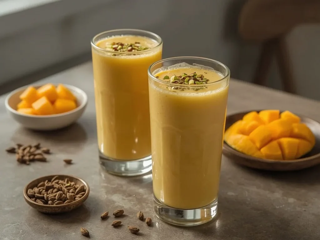 Mango lassi protein smoothie in two glasses topped with pistachios