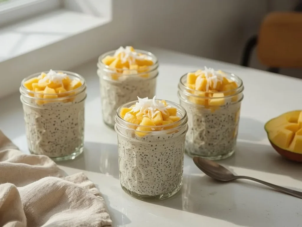 Mango protein chia pudding jars topped with coconut