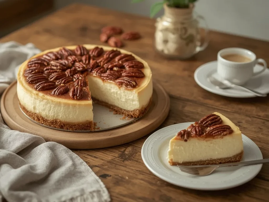 Maple pecan cheesecake topped with glazed pecan halves