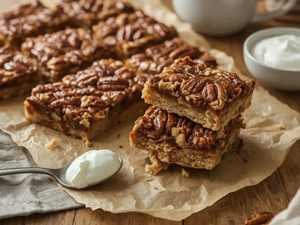 Maple pecan pie bars with an almond flour crust cut into squares