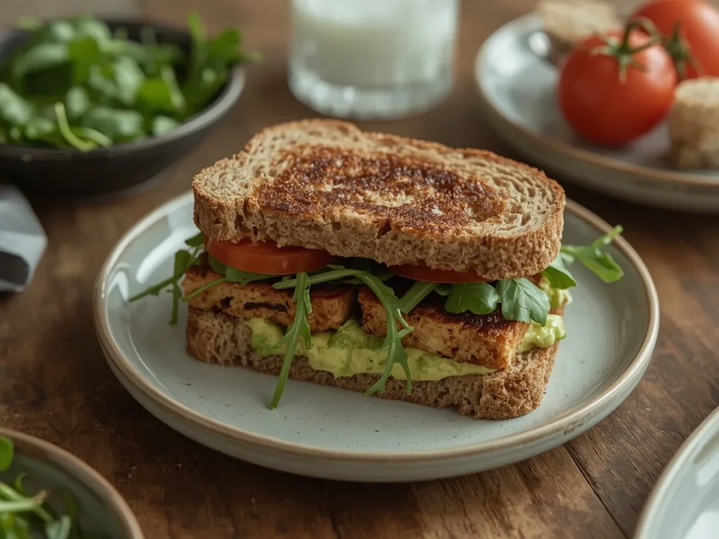 Maple tempeh breakfast sandwich with avocado, tomato and arugula on an English muffin