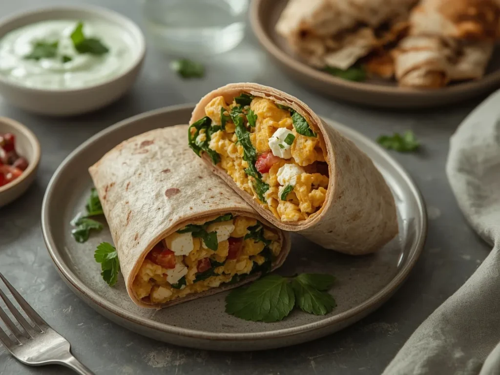 Masala egg and paneer breakfast burrito with a bowl of mint yogurt