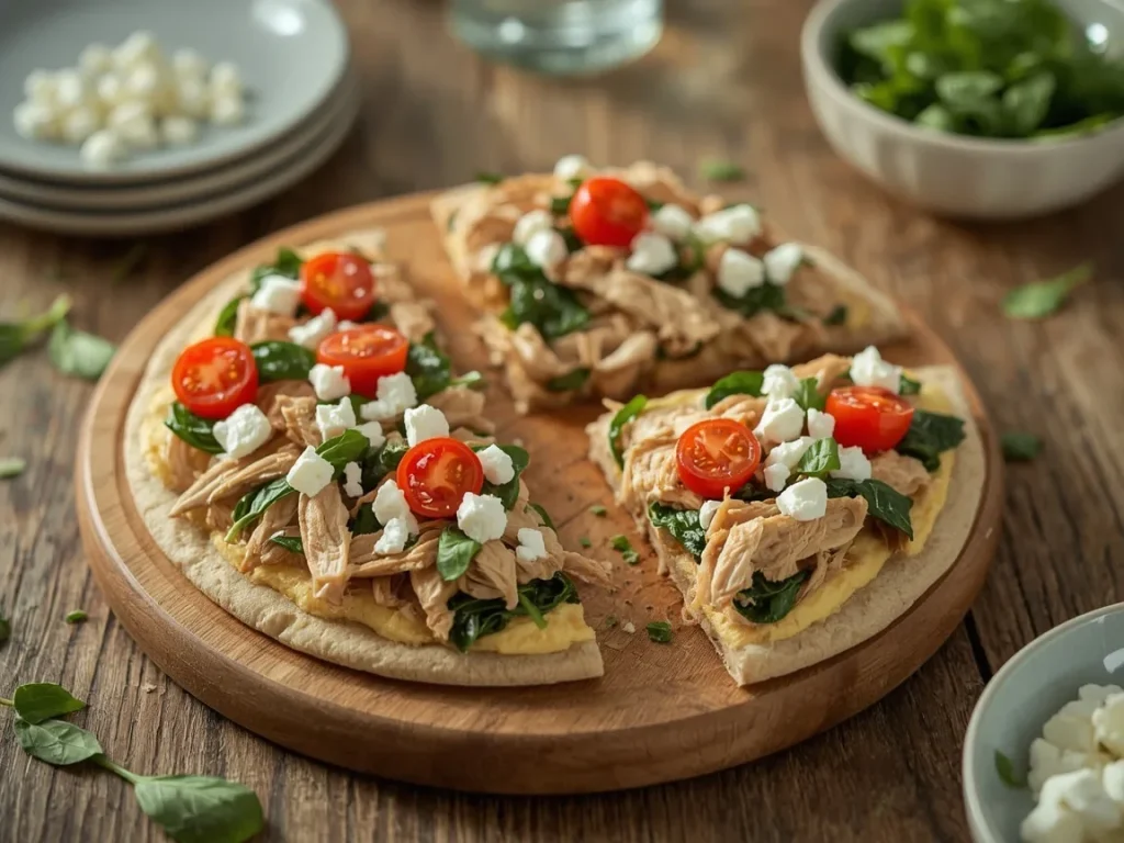 Mediterranean chicken breakfast flatbread with spinach, tomatoes, mozzarella and feta