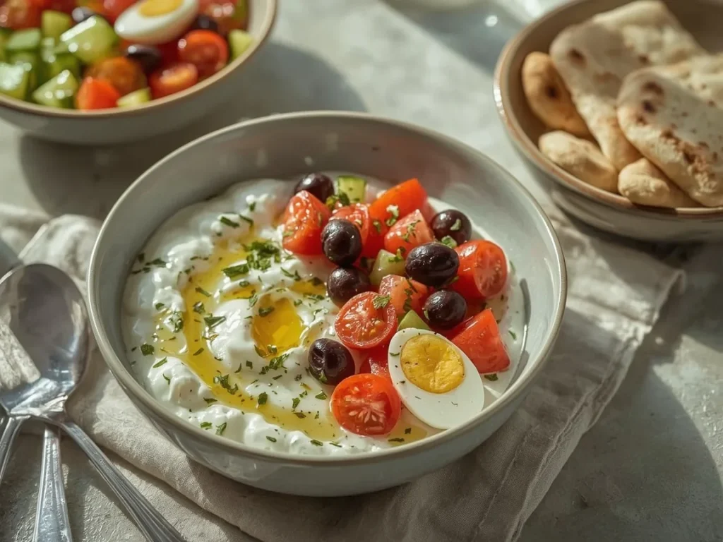 Mediterranean savory Greek yogurt bowl with cucumber, tomatoes, olives and egg