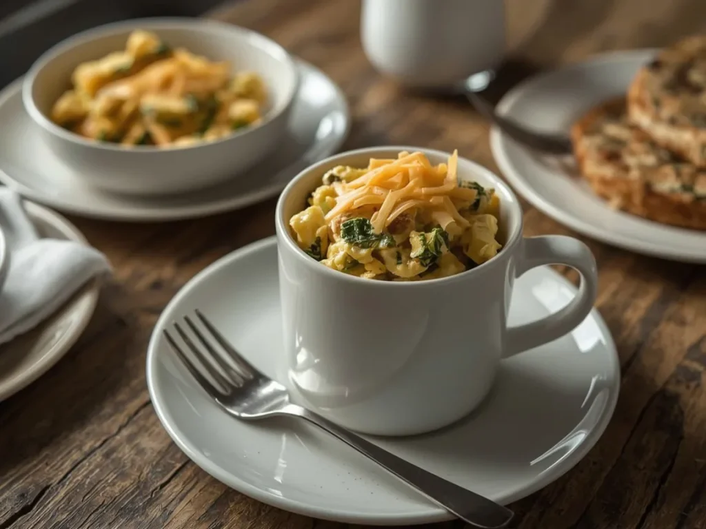 Microwave egg and cheese breakfast mug with spinach and melted cheddar
