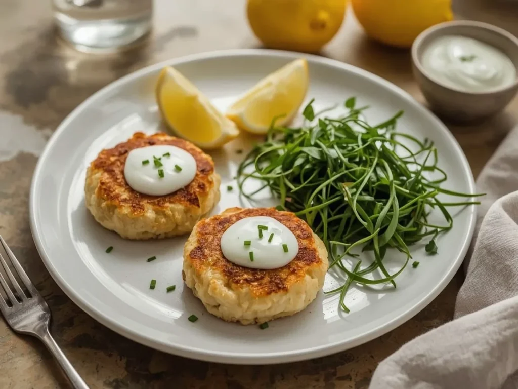 Mini crab cakes topped with lemon chive yogurt sauce and lemon wedges