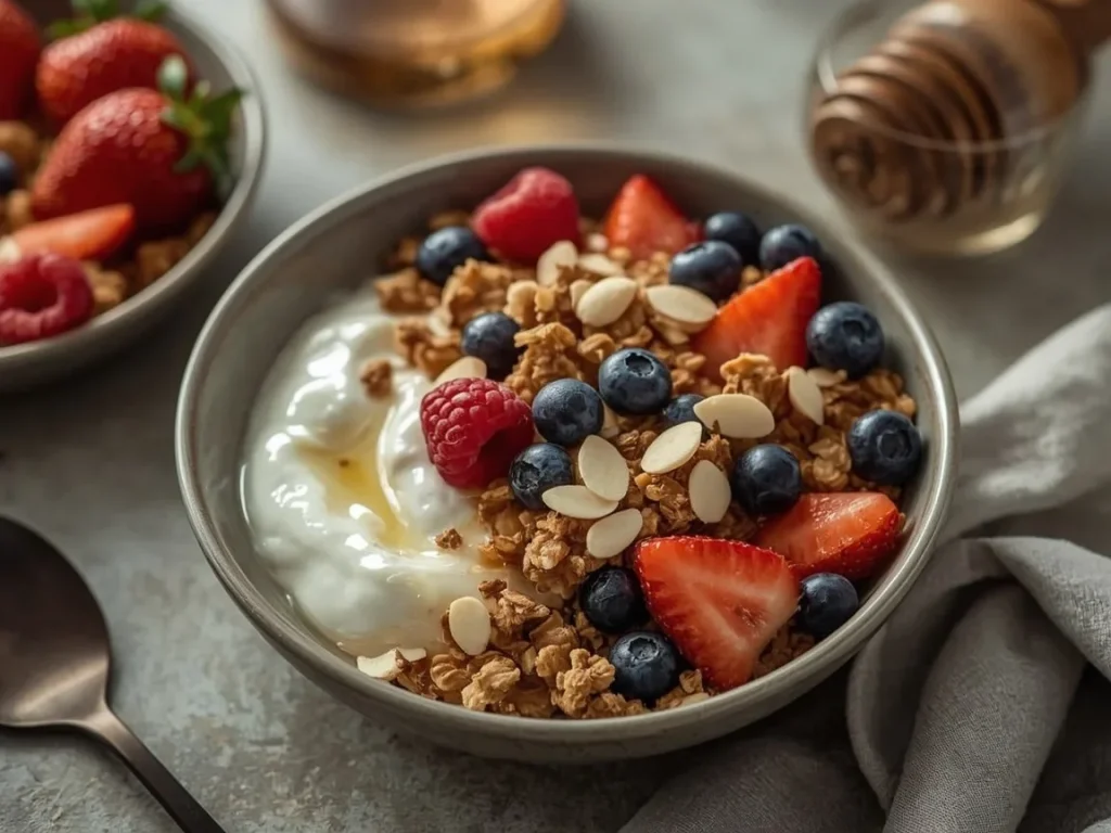 Mixed berry granola Greek yogurt bowl with hemp hearts and almonds