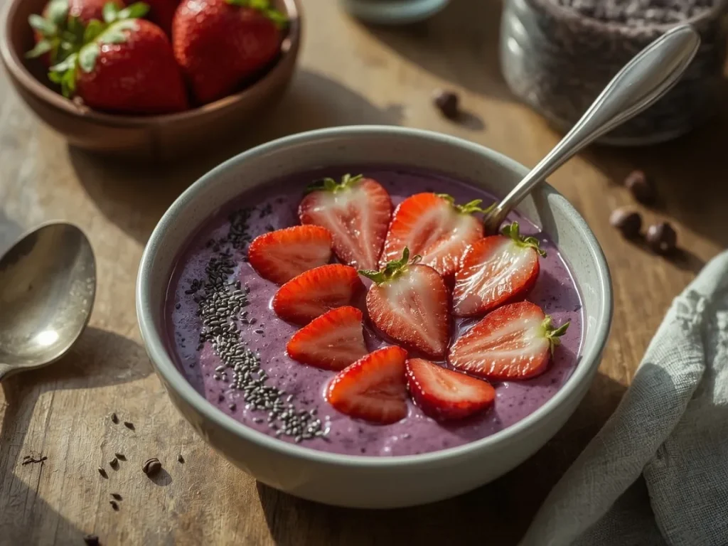 Mixed berry protein smoothie bowl topped with fresh strawberries and chia seeds