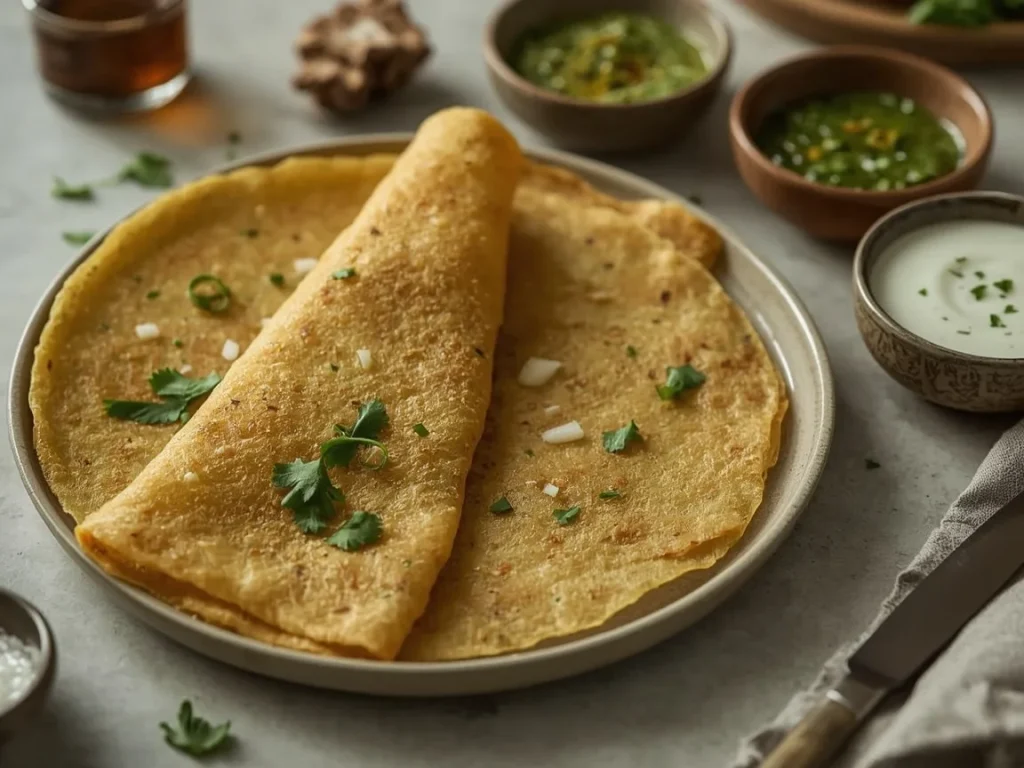 Moong dal chilla with green chutney and yogurt
