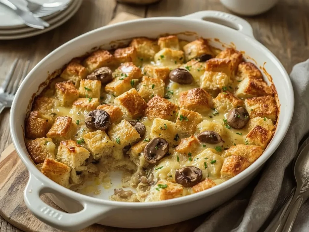 Mushroom and Gruyère savory bread pudding with a golden top