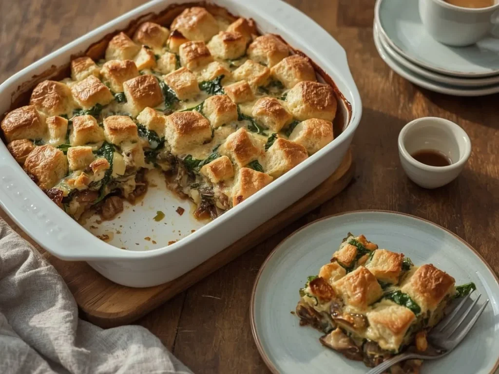 Mushroom, kale and Gruyère breakfast strata with sourdough bread