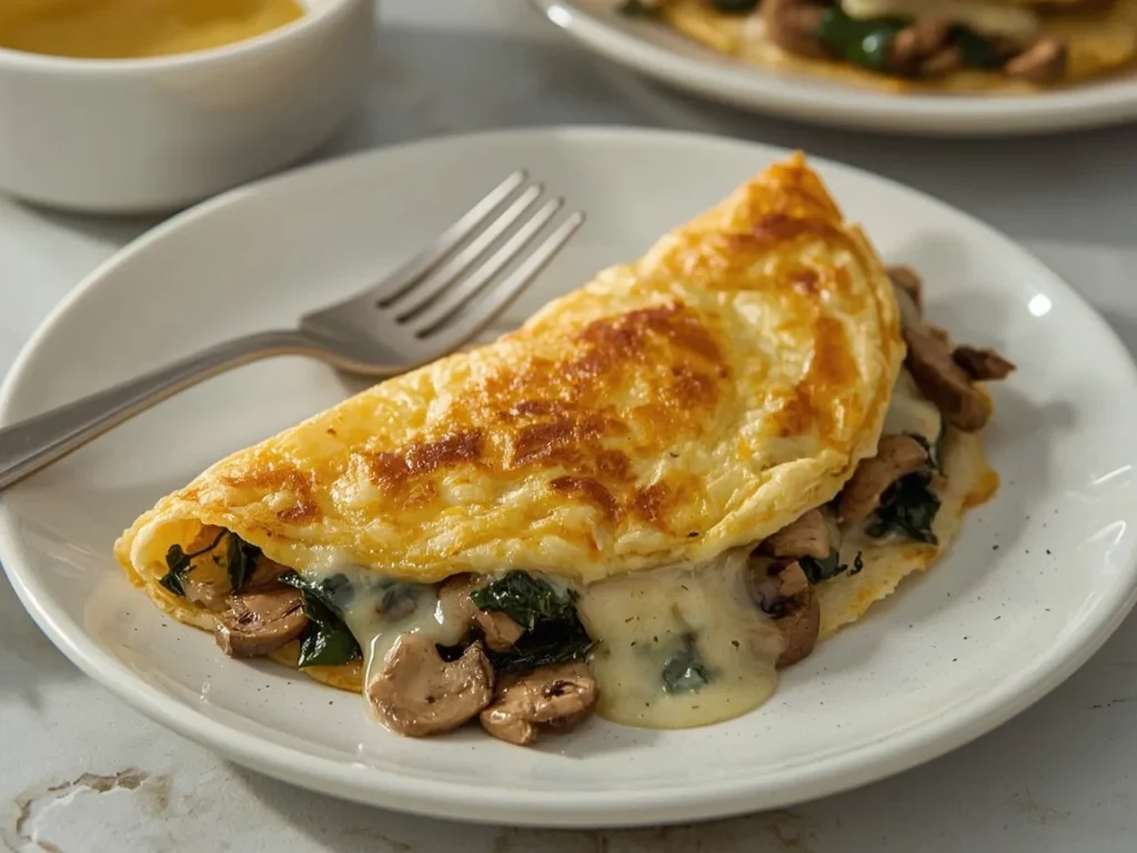 Mushroom, spinach and Swiss omelet with melted cheese on a plate