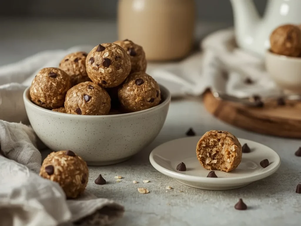 No-bake chocolate chip protein bites in a bowl