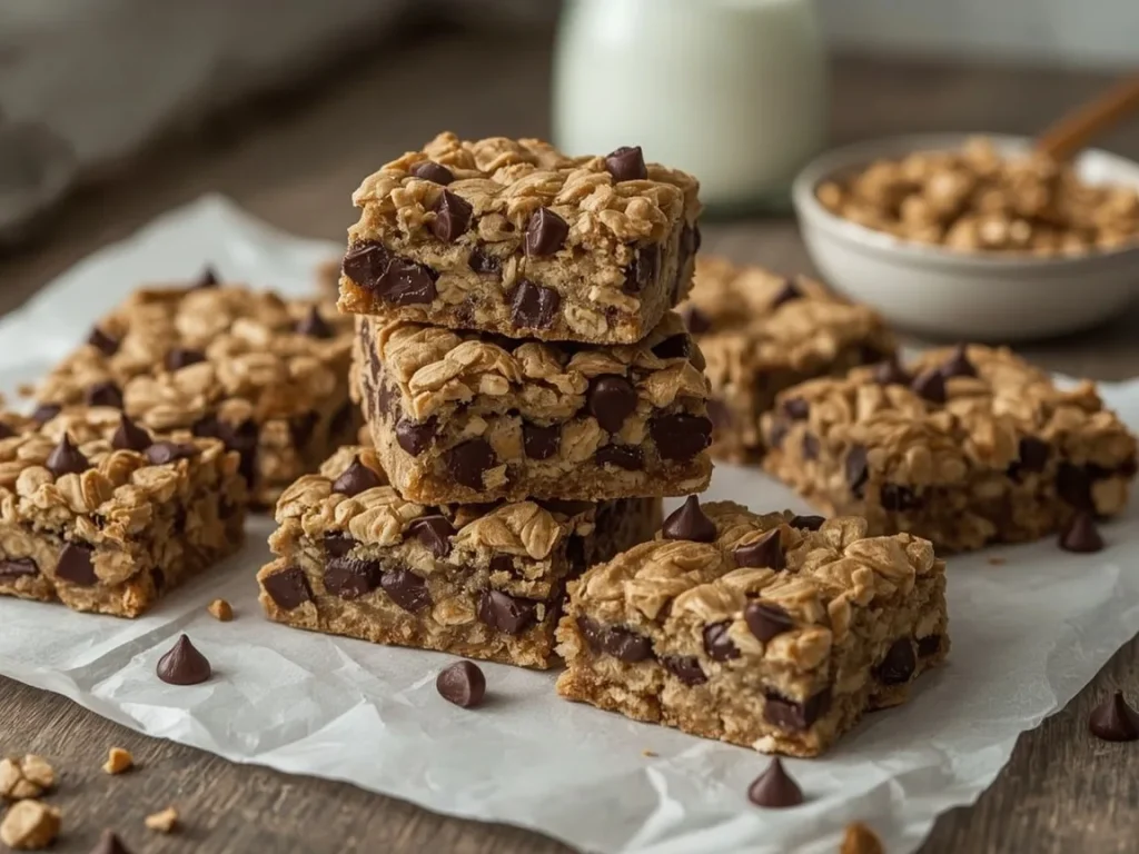 No-bake peanut butter protein bars with oats and chocolate chips