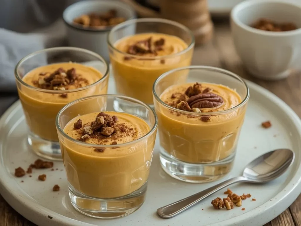 Pumpkin mousse parfaits layered with gingersnap crumbs and pecans in small glasses