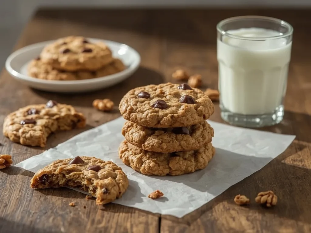 Oatmeal raisin protein breakfast cookies with walnuts and a glass of milk