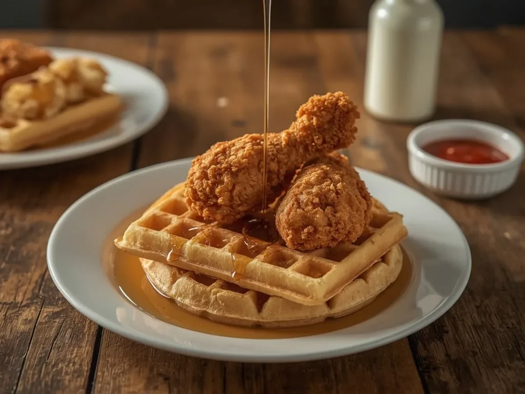 Oven-fried chicken tenders on protein waffles with maple syrup