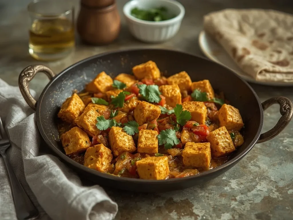 Paneer bhurji with onion, tomato and cilantro served with whole wheat roti