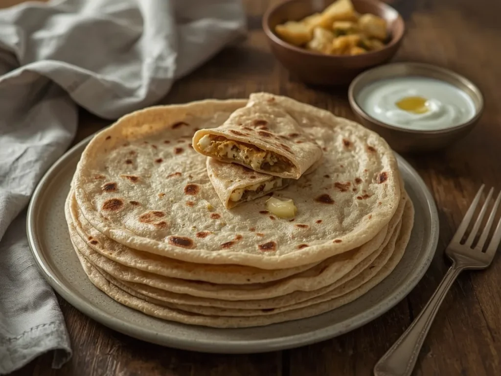 Paneer paratha torn open to show spiced paneer filling, with yogurt