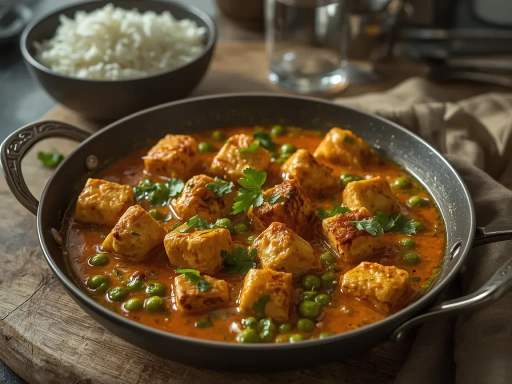 Paneer tikka masala with peas in a creamy tomato sauce and basmati rice
