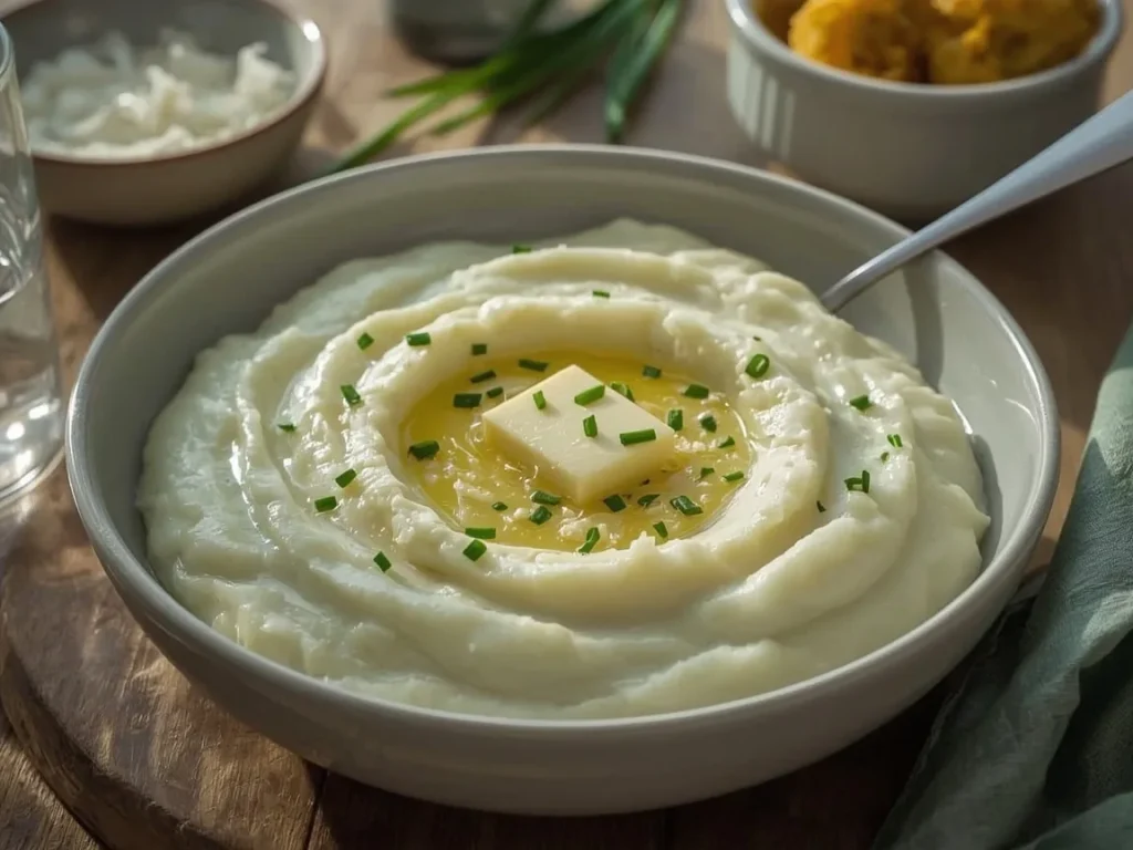 Parmesan cauliflower mash topped with butter and chives