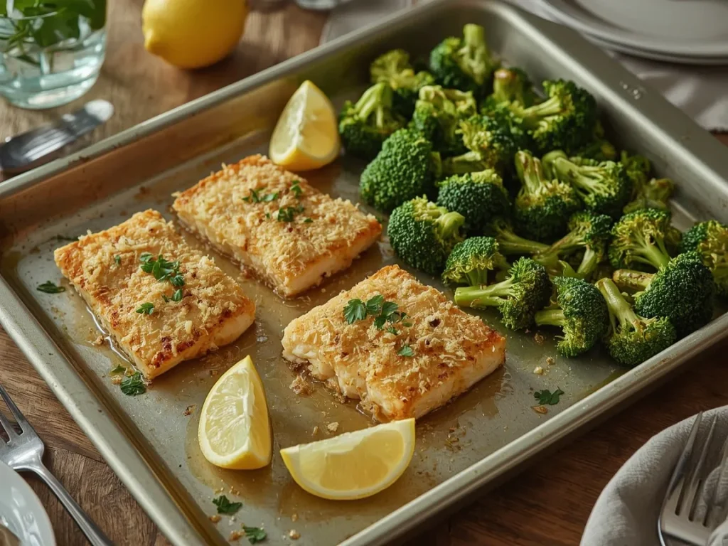 Parmesan crusted cod with roasted broccoli and lemon wedges