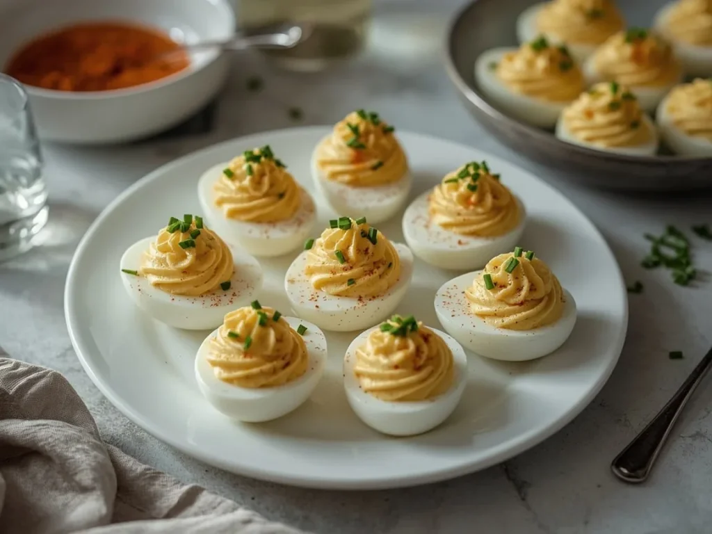 Parmesan herb deviled eggs topped with smoked paprika and chives