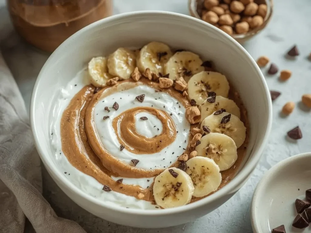 Peanut butter banana Greek yogurt bowl with peanuts and chia seeds
