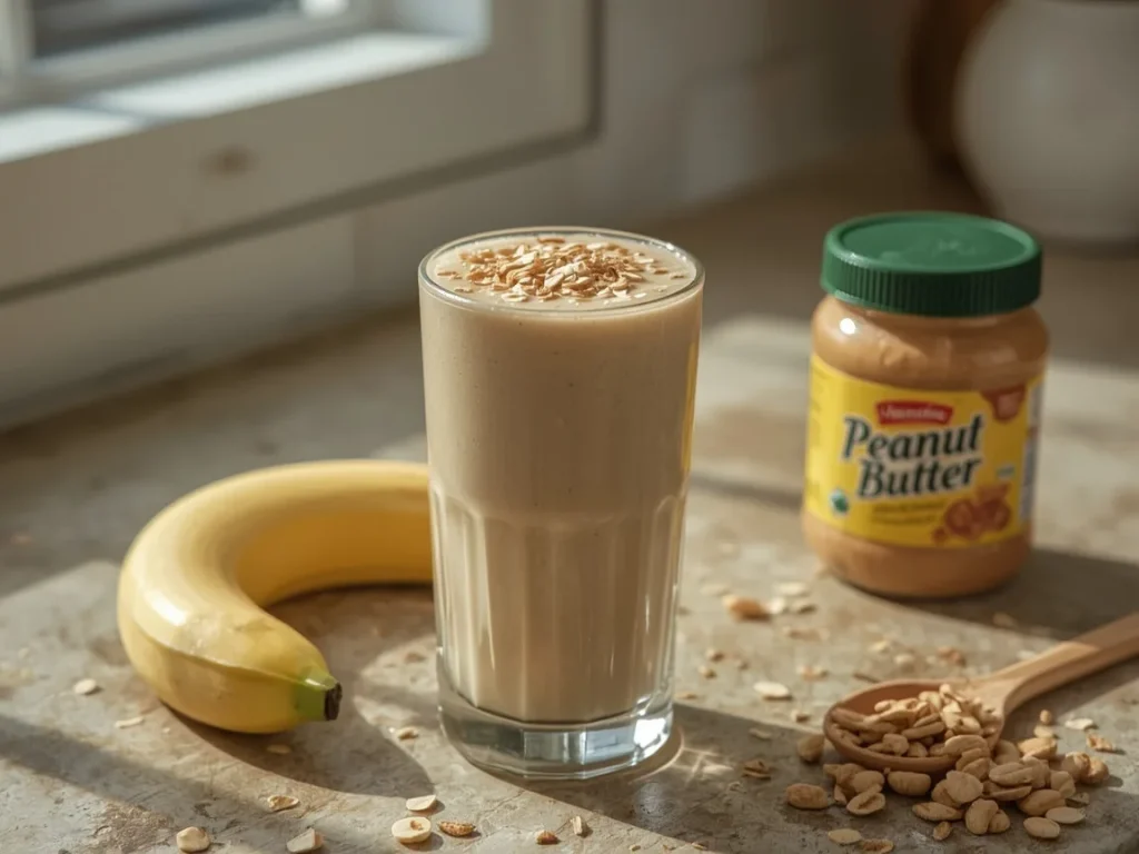 Peanut butter banana oat protein shake in a tall glass