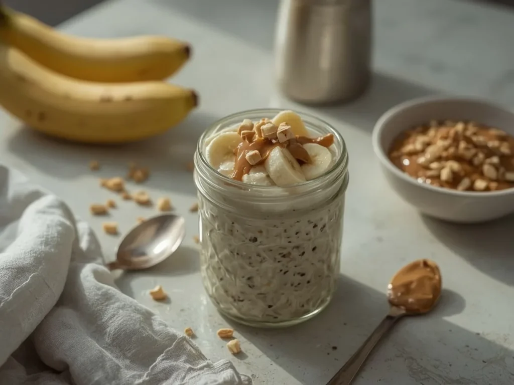 Peanut butter banana protein overnight oats topped with banana slices and peanuts