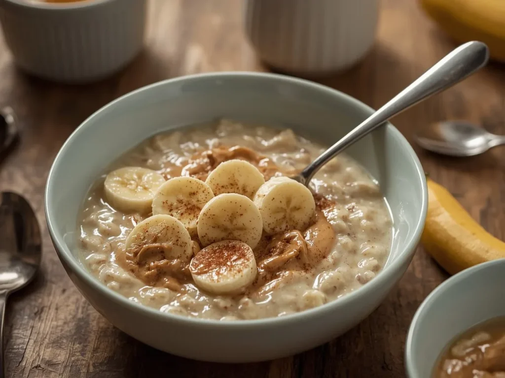 Peanut butter protein oatmeal topped with banana slices and cinnamon
