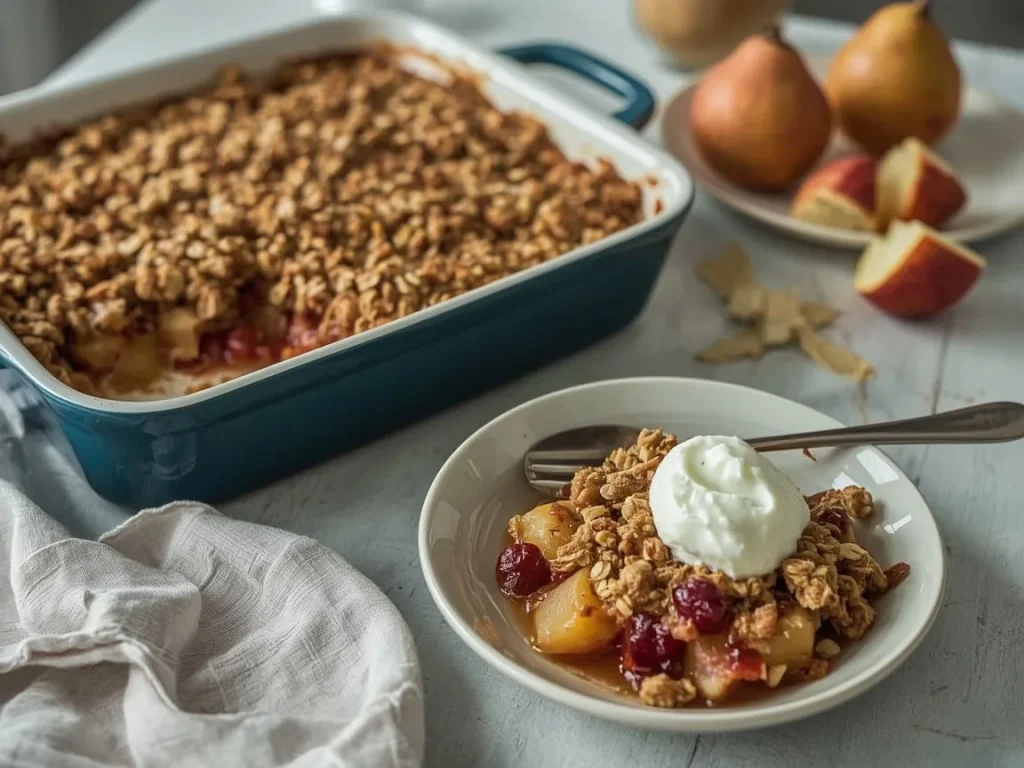 Pear and cranberry crumble served with a spoonful of orange ricotta cream