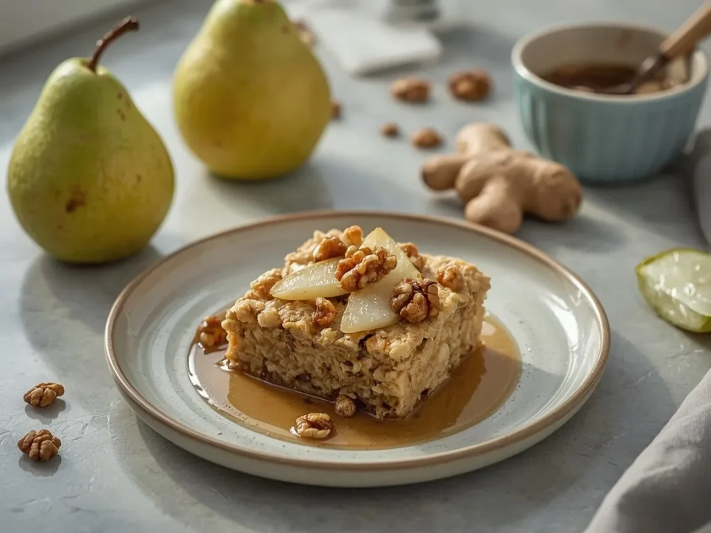 Pear ginger baked oatmeal square topped with toasted walnuts