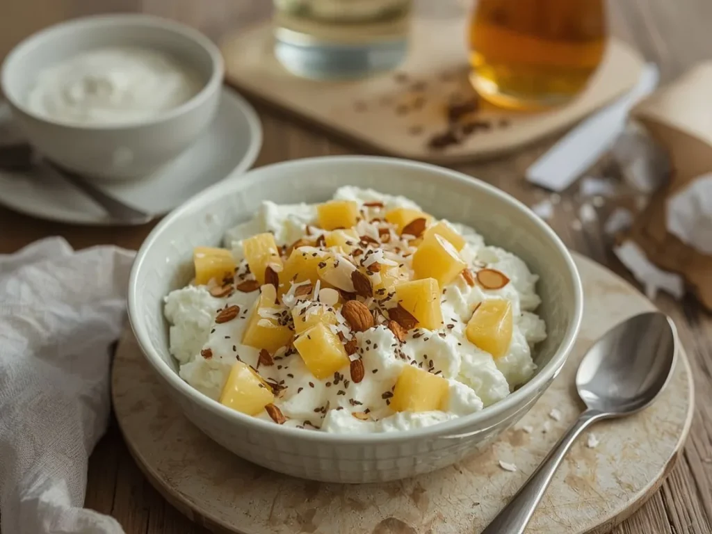 Pineapple cottage cheese bowl with chopped almonds, chia seeds and coconut