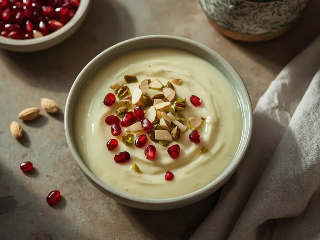 Pistachio cardamom shrikhand bowl topped with pomegranate and almonds