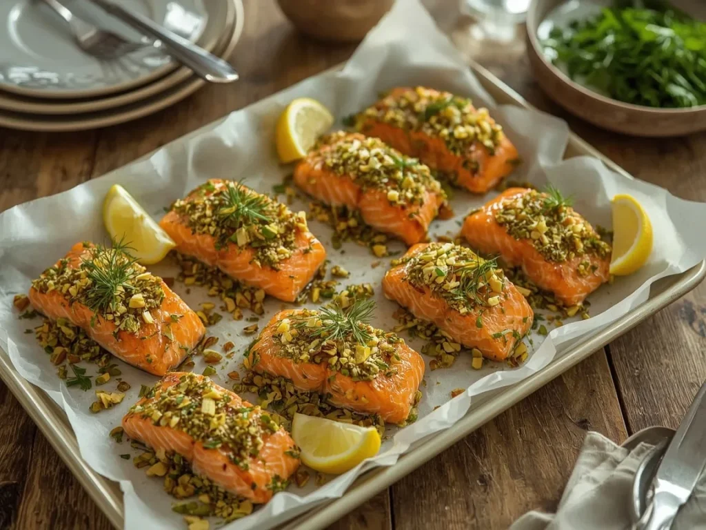 Pistachio-crusted salmon fillets on a platter with lemon wedges and dill
