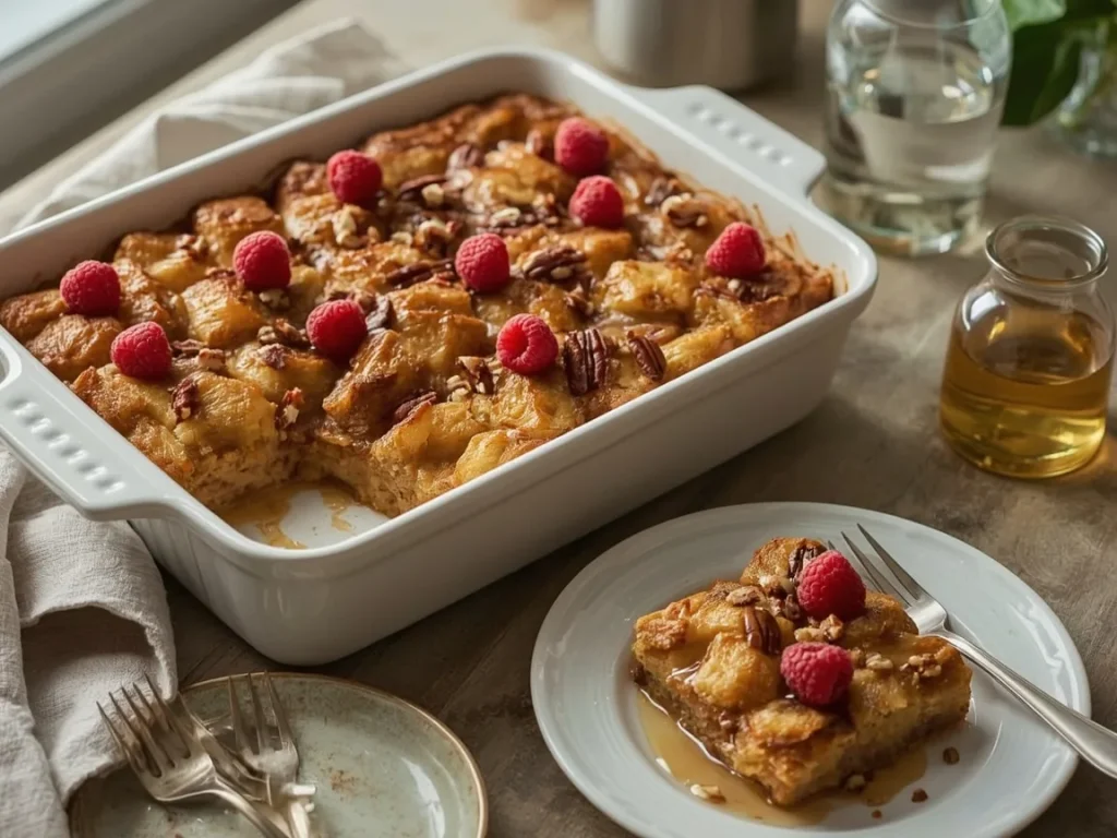 Protein French toast casserole topped with raspberries, pecans and maple syrup