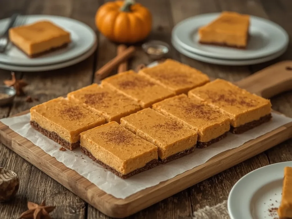Pumpkin cheesecake bars with a gingersnap crust cut into rectangles