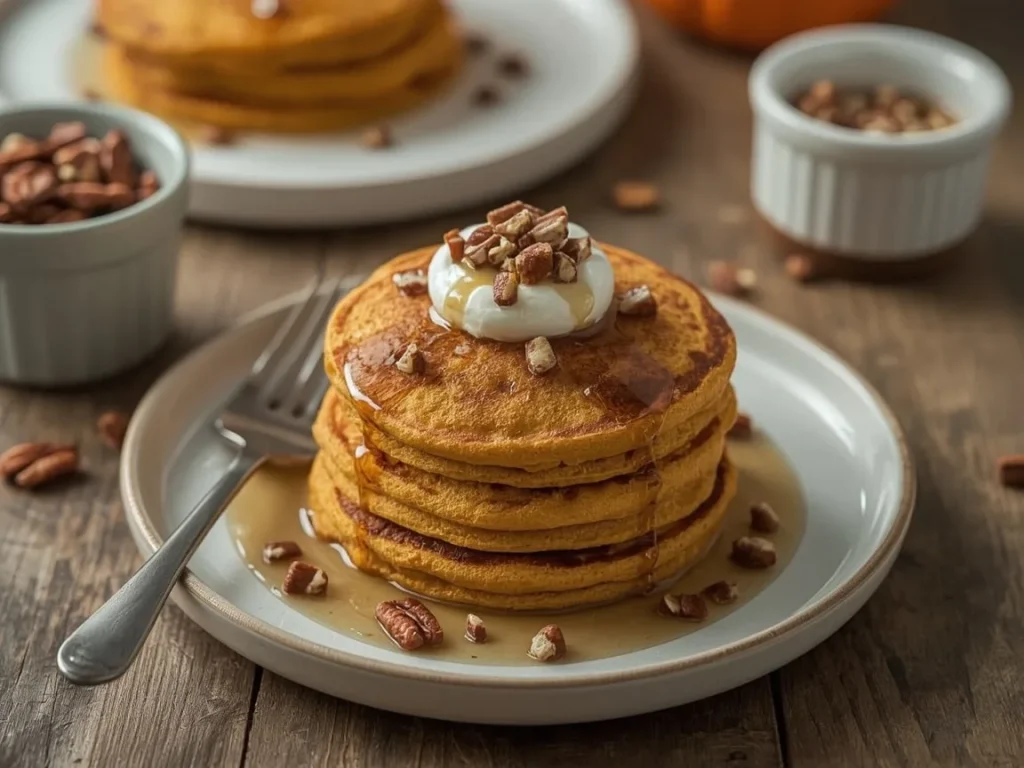 Stack of pumpkin cottage cheese pancakes topped with maple yogurt and pecans